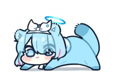 Rule 34 | 1girl, all fours, animal costume, animal ears, arona (blue archive), blue archive, blue eyes, blue hair, blue halo, blush, closed mouth, colored inner hair, full body, hair over one eye, halo, highres, multicolored hair, piki (itpiki), pink hair, short hair, simple background, smile, solo, squirrel ears, squirrel tail, tail, white background