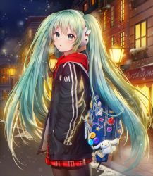 Rule 34 | 1girl, animal earmuffs, backpack, bag, bag charm, black jacket, black pantyhose, building, charm (object), commentary, drawstring, earmuffs, green eyes, green hair, hair between eyes, hand in pocket, hatsune miku, highres, hood, hood down, hoodie, jacket, lamppost, long hair, looking at viewer, looking to the side, night, night sky, open clothes, open jacket, outdoors, pantyhose, parted lips, plaid, plaid skirt, pleated skirt, red hoodie, red skirt, sanrio, seno (senohime), skirt, sky, snow, snowing, solo, standing, twintails, very long hair, vocaloid, window