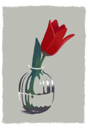 Rule 34 | blending, border, flower, grey background, hirasawa minami, leaf, no humans, no lineart, original, partially immersed, plant, red flower, red tulip, refraction, rounded corners, simple background, still life, transparent, tulip, vase, water, white border