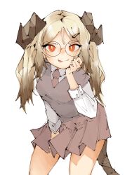 Rule 34 | 1girl, :p, absurdres, alternate hair length, alternate hairstyle, arknights, bespectacled, blonde hair, blush, brown necktie, brown skirt, brown vest, collared shirt, cowboy shot, demon girl, demon horns, demon tail, glasses, hair ornament, hairclip, highres, horns, ifrit (arknights), long hair, long sleeves, looking at viewer, necktie, orange eyes, pleated skirt, shirt, simple background, skirt, slit pupils, soda (sod4), solo, tail, tongue, tongue out, twintails, v-shaped eyebrows, vest, white background, white shirt