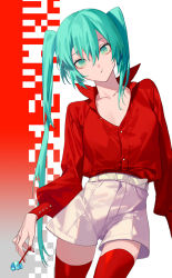Rule 34 | :t, belt, breasts, buttons, candy, cleavage, collarbone, collared shirt, food, green eyes, green hair, green pupils, hatsune miku, lollipop, long hair, long sleeves, medium breasts, nail polish, red nails, red shirt, red thighhighs, shadow, shirt, shorts, simple background, thighhighs, vocaloid, white belt, white shorts, yamakawa, zettai ryouiki