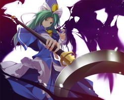 Rule 34 | 1girl, capelet, dress, energy wings, female focus, green eyes, green hair, hat, long hair, matching hair/eyes, mima (touhou), perspective, ribbon, solo, staff, sun, touhou, touhou (pc-98), weapon, wings, wizard hat, zb (dawn-blue)