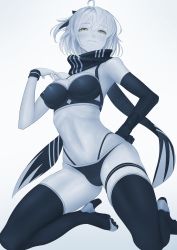 Rule 34 | 1girl, :3, ahoge, bikini, black bikini, black bow, black gloves, black scarf, blue theme, blush, bow, breasts, cleavage, commentary, eye focus, facing viewer, fate/grand order, fate (series), full body, gloves, glowing, glowing eyes, grey background, greyscale, hair bow, half-closed eyes, hand on own hip, high heels, highres, imizu (nitro unknown), kneeling, limited palette, looking at viewer, medium breasts, monochrome, navel, okita j. souji (fate), okita j. souji (first ascension) (fate), okita souji (fate), okita souji (koha-ace), scarf, short hair, simple background, single glove, smile, smug, solo, stomach, swimsuit, thighhighs, thighs, yellow eyes