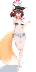 Rule 34 | 1girl, absurdres, animal ear fluff, animal ears, arm behind back, bare legs, barefoot, bikini, blue archive, breasts, breasts apart, brown hair, colored inner hair, dongye1551, flower, food in mouth, fox ears, fox girl, fox shadow puppet, fox tail, full body, grey shorts, hair between eyes, hair flower, hair ornament, halo, highres, izuna (blue archive), izuna (swimsuit) (blue archive), looking at viewer, medium breasts, micro shorts, mouth hold, multicolored hair, navel, pink hair, red scarf, scarf, short hair, shorts, simple background, solo, standing, standing on one leg, stomach, string bikini, striped bikini, striped clothes, sunflower, swimsuit, tail, visor cap, white background, yellow eyes