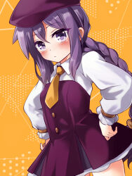 Rule 34 | 1girl, aged down, atlas academy school uniform, beret, blush, braid, braided ponytail, breasts, collared shirt, dress, fate/grand order, fate (series), female focus, hat, highres, long hair, long sleeves, looking at viewer, melty blood, mochi (k620803n), necktie, ponytail, purple dress, purple eyes, purple hair, purple hat, school uniform, shirt, sidelocks, sion eltnam atlasia, sion eltnam sokaris, small breasts, solo, tsukihime, white shirt