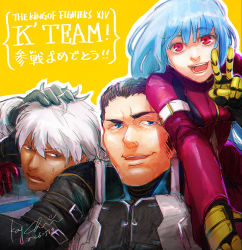 Rule 34 | 1girl, 2boys, blue eyes, blue hair, brown hair, cropped jacket, cyborg, dark skin, gloves, jacket, k&#039; (kof), kaychen, kula diamond, long hair, looking at viewer, maxima, multiple boys, open mouth, red eyes, short hair, smile, the king of fighters, the king of fighters xiv, v, white hair