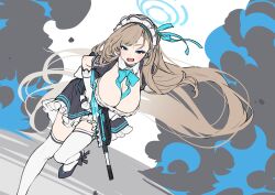 Rule 34 | 1girl, asuna (blue archive), baffu, blue archive, breasts, gun, highres, image sample, large breasts, maid, messy hair, running, smoke, solo, twitter, weapon, white background