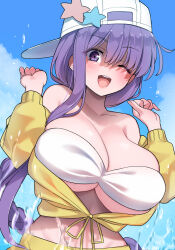 Rule 34 | 1girl, akitokage, asymmetrical hair, bandeau, bare shoulders, baseball cap, bb (fate), bb (fate) (all), bb (swimsuit mooncancer) (fate), bb (swimsuit mooncancer) (first ascension) (fate), blue sky, blush, braid, breasts, cleavage, collarbone, cropped jacket, fate/grand order, fate (series), hat, hat ornament, highres, jacket, large breasts, long hair, long sleeves, looking at viewer, midriff, one eye closed, open mouth, purple eyes, purple hair, single braid, skirt, sky, smile, solo, star (symbol), star hat ornament, very long hair, white hat, yellow jacket, yellow skirt