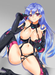 Rule 34 | 1girl, blue hair, bodysuit, breasts, cleavage, elbow gloves, gloves, highres, iris heart, large breasts, leotard, long hair, navel, neptune (series), power symbol, pururut, red eyes, smile, solo, stomach, symbol-shaped pupils, very long hair
