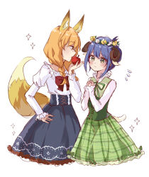 Rule 34 | 2girls, absurdres, animal ears, blonde hair, blue hair, blue skirt, blush, bow, bowtie, chibana sumika, commentary, corset, dress, flower wreath, food, fox ears, fox tail, from side, fruit, glasses, green dress, green eyes, highres, holding, holding food, holding fruit, horns, juliet sleeves, long hair, long sleeves, looking to the side, mamiya kanoko, morizu929, multiple girls, plaid, plaid dress, puffy sleeves, red bow, red bowtie, sheep horns, shirt, sidelocks, simple background, skirt, symbol-only commentary, tail, watashi no yuri wa oshigoto desu!, white background, white shirt