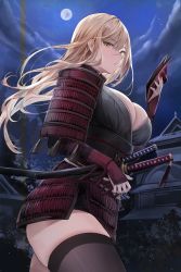 Rule 34 | 1girl, absurdres, armor, blonde hair, blush, breasts, highres, holding, japanese armor, japanese clothes, katana, large breasts, lillly, long hair, looking at viewer, night, original, samurai, sash, shoulder armor, solo, sword, tassel, thighhighs, thighs, weapon, yellow eyes