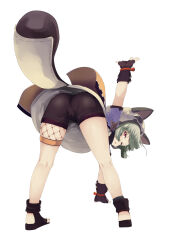 Rule 34 | 1girl, animal hood, ass, bent over, bike shorts, black shorts, cameltoe, fingerless gloves, from behind, genshin impact, gloves, green hair, highres, hood, looking at viewer, looking back, noa (nagareboshi), one eye closed, open mouth, parted lips, red eyes, sayu (genshin impact), shiny clothes, shiny skin, short hair, short shorts, shorts, solo, tail, wince