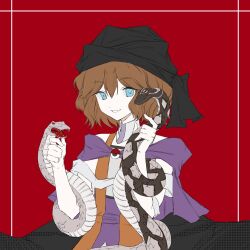 Rule 34 | 1other, androgynous, animal, black cape, black turban, blue eyes, brown hair, cape, cine hamal, colored skin, commentary, gas wf, grey shirt, hair between eyes, highres, holding, holding animal, kuzu suzumi, len&#039;en, open clothes, open vest, orange vest, other focus, red background, shirt, short hair, simple background, smile, snake, solo, strapless, strapless shirt, turban, upper body, vest, white skin