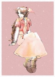 Rule 34 | 1girl, aerith gainsborough, bangle, boots, border, bracelet, braid, braided ponytail, brown footwear, closed mouth, cropped jacket, dress, final fantasy, final fantasy vii, final fantasy vii remake, green eyes, hair ribbon, highres, jacket, jewelry, light smile, long dress, long hair, looking to the side, parted bangs, pink background, pink dress, pink ribbon, red jacket, ribbon, short sleeves, sidelocks, single braid, sitting, solo, sparkle, tamagodamaco, wavy hair, white border