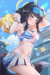 Rule 34 | 1girl, @ @, animal ears, black hair, blue archive, blue eyes, blue skirt, blue sky, blunt bangs, blurry, blurry background, blush, breasts, building, cheerleader, cleavage, clothes writing, cloud, day, dog ears, dog girl, dog tail, eyewear on head, halo, hibiki (blue archive), hibiki (cheer squad) (blue archive), looking at viewer, medium breasts, midriff, millennium cheerleader outfit (blue archive), mujinbensin, navel, open mouth, outdoors, pom pom (cheerleading), skirt, sky, solo, star (symbol), sunglasses, tail, thighs, two-tone skirt, white skirt