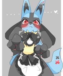 Rule 34 | ..., 1girl, :&lt;, animal ears, animal hands, apron, back bow, black bow, black bowtie, black fur, blue fur, blush, body fur, bow, bowtie, claws, closed mouth, clothed pokemon, cowboy shot, creatures (company), ear ornament, fang, fang out, female focus, furry, furry female, game freak, gen 4 pokemon, grey background, grey skirt, hands up, heart, highres, hijiate, letterboxed, looking at viewer, lucario, maid, multicolored fur, nintendo, outside border, pokemon, pokemon (creature), red eyes, simple background, skirt, slit pupils, solo, spikes, standing, straight-on, tail, tail ornament, topless, waist apron, white apron, wolf ears, wolf girl, wolf tail, yellow fur