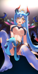 Rule 34 | 1girl, :o, blue hair, blue thighhighs, breasts, cleavage, demon girl, demon tail, dota (series), dota 2, facepaint, genderswap, genderswap (mtf), highres, jokanhiyou, large breasts, long hair, looking at viewer, navel, night stalker (dota), no shoes, open mouth, pointy ears, revealing clothes, solo, tail, thighhighs, toes, torn clothes, torn thighhighs, wings, yellow eyes