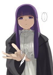 Rule 34 | 1girl, black coat, blunt bangs, breasts, coat, dress, fern (sousou no frieren), highres, large breasts, long hair, long sleeves, looking at viewer, mazarimon, purple eyes, purple hair, shaded face, sidelocks, solo, sousou no frieren, standing, white dress