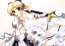 Rule 34 | 1girl, arm ribbon, armor, armored dress, artoria pendragon (fate), blonde hair, blush, bow, fate/stay night, fate/unlimited codes, fate (series), flower, green eyes, hair bow, hand on own hip, hip focus, huge weapon, kusano (torisukerabasu), lily (flower), looking at viewer, metal gloves, ponytail, ribbon, saber (fate), solo, sword, weapon
