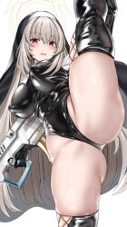 Rule 34 | 1girl, absurdres, ass, blue archive, boots, breasts, covered erect nipples, elbow gloves, fary5, flexible, gloves, grey hair, groin, gun, habit, hair between eyes, halo, highleg, highleg leotard, highres, holding, holding weapon, huge ass, justina follower (blue archive), large breasts, leg up, leotard, long hair, long sleeves, nun, official alternate costume, pulled by self, purple eyes, sakurako (blue archive), shiny clothes, shiny skin, sidelocks, simple background, skin tight, solo, split, standing, standing on one leg, thigh boots, thong leotard, weapon, white background