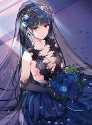Rule 34 | 1girl, black hair, blue flower, bouquet, breasts, brown eyes, cleavage, copyright request, dress, elbow gloves, flower, gloves, hayakawa akari, head wreath, holding, holding bouquet, indoors, looking at viewer, official art, petals, small breasts, smile, solo, sunlight, veil