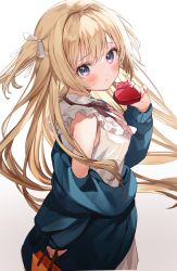 Rule 34 | 1girl, bag, blonde hair, blue jacket, blush, box, closed mouth, commentary request, frilled shirt, frills, gift, gift box, hair ribbon, hand up, heart-shaped box, highres, holding, holding bag, holding box, holding gift, jacket, kanda done, long hair, long sleeves, looking at viewer, looking back, neck ribbon, original, paper bag, purple eyes, red ribbon, ribbon, shirt, side ponytail, simple background, sleeveless, sleeveless shirt, sleeves past wrists, solo, sweat, two side up, white background, white shirt