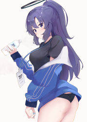 Rule 34 | absurdres, ass, black panties, black shirt, blue archive, blush, bottle, breasts, halo, highres, holding, holding bottle, id card, jacket, jacket partially removed, large breasts, looking at viewer, mashiro latte (msrn39), multicolored clothes, multicolored jacket, open clothes, open jacket, panties, purple eyes, purple hair, shirt, simple background, two side up, underwear, yuuka (blue archive), yuuka (track) (blue archive)