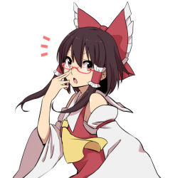 Rule 34 | 1girl, ascot, bare shoulders, bespectacled, black hair, bow, brown hair, detached sleeves, dress, glasses, hair bow, hair tubes, hakurei reimu, leon (mikiri hassha), long sleeves, looking at viewer, open mouth, red-framed eyewear, red dress, red eyes, solo, touhou, wide sleeves