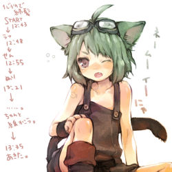 Rule 34 | 1girl, ;o, ahoge, ameiro, animal ears, bad id, bad pixiv id, bare shoulders, blush, brown eyes, cat ears, cat tail, collarbone, fang, goggles, goggles on head, green hair, nekoda (ameiro), one eye closed, original, short hair, sitting, sketch, solo, tail, tears, translation request, wink