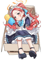 Rule 34 | 1girl, absurdres, apron, blue archive, borrowed clothes, bow, bowtie, box, cardboard box, closed mouth, commentary request, dress, duster, frilled apron, frilled dress, frilled skirt, frills, hair bow, haruyuki (gffewuoutgblubh), high heels, highres, long hair, maid, maid apron, maid headdress, mary janes, number print, purple eyes, red hair, ringed eyes, shoes, skirt, solo, too many, too many frills, yuzu (blue archive), yuzu (maid) (blue archive)