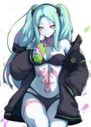 Rule 34 | 1girl, artificial eye, bare shoulders, black bra, black jacket, black panties, bra, breasts, collarbone, colored sclera, colored skin, cup, cyberpunk (series), cyberpunk edgerunners, drinking straw, forehead, green hair, hairband, highres, jacket, leg tattoo, long hair, long sleeves, looking at viewer, mechanical eye, navel, neck tattoo, panties, parted bangs, rebecca (cyberpunk), red eyes, red sclera, small breasts, solo, stomach tattoo, tattoo, thighs, twintails, underwear, waero, white background, white skin