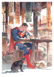 1boy architecture belt black_fur black_hair brown_fur cat closed_eyes coffee_mug cup dc_comics east_asian_architecture itoscaresme light_smile mug painting_(medium) red_footwear short_hair sitting superman superman_(series) table teacup traditional_media watercolor_(medium) whiskers yellow_belt