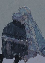 Rule 34 | 1boy, 1girl, anastasia (fate), bad id, bad twitter id, black footwear, blue cape, blue dress, blue eyes, blue hair, cape, coat, dress, face-to-face, fate/grand order, fate (series), fur trim, hairband, hirota tsuu, jewelry, kadoc zemlupus, long sleeves, necklace, shoes, smile, snow, snowing