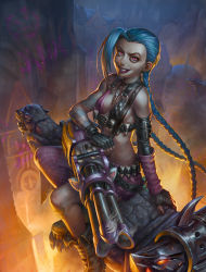Rule 34 | 1girl, blue hair, braid, breasts, grin, gun, hairline, highres, jinx (league of legends), league of legends, long hair, looking at viewer, md5 mismatch, pink eyes, red eyes, sitting, small breasts, smile, solo, speh, twin braids, very long hair, weapon