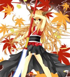 Rule 34 | 1girl, alternate costume, arm up, armpits, bow, ginkgo tree, glowing, hair bow, highres, horns, ibuki suika, leaf, leaf background, long hair, looking at viewer, maple leaf, mikage000, mikagemaru (mikage000), naginata, obi, open mouth, orange hair, outstretched arm, panties, pantyshot, polearm, red eyes, sash, shirt, skirt, sleeveless, sleeveless shirt, solo, spread legs, standing, touhou, underwear, upskirt, very long hair, weapon, white background, white panties