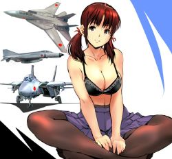 Rule 34 | 1girl, aircraft, airplane, bare shoulders, black bra, black pantyhose, bra, breasts, brown eyes, brown hair, cleavage, collarbone, commentary request, f-14 tomcat, f-4 phantom ii, hair ornament, high-waist pantyhose, kamisimo 90, long hair, looking at viewer, medium breasts, navel, original, pantyhose, pleated skirt, simple background, sitting, skirt, smile, soles, solo, twintails, twintails nurse (kamisimo 90), underwear