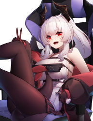 Rule 34 | 1girl, :d, absurdres, bare shoulders, between legs, black gloves, black jacket, black pantyhose, breasts, chair, chest strap, commentary, copyright request, deal with it (meme), fang, feet out of frame, gaming chair, gloves, hand on own knee, highres, holding, horns, iku! iku!!, jacket, large breasts, long hair, long sleeves, meme, off shoulder, on chair, open clothes, open jacket, open mouth, pantyhose, ponytail, puffy long sleeves, puffy sleeves, red eyes, shirt, sideboob, sidelocks, simple background, sitting, skin fang, sleeveless, sleeveless shirt, smile, solo, swivel chair, symbol-only commentary, tail, tail between legs, teeth, upper teeth only, v, white background, white shirt