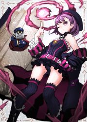 Rule 34 | 1girl, ;), absurdres, ahoge, asagon007, black hat, black panties, black skirt, black thighhighs, boots, bow, choker, detached sleeves, fate/grand order, fate (series), from below, groin, hand on own hip, hat, helena blavatsky (fate), helena blavatsky (third ascension) (fate), highres, index finger raised, layered skirt, looking at viewer, magic, microskirt, one eye closed, panties, purple eyes, purple hair, short hair, skirt, sleeveless, smile, solo, standing, striped clothes, striped thighhighs, thighhighs, underwear, vertical-striped clothes, vertical-striped thighhighs, white bow