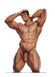 Rule 34 | 1boy, abs, absurdres, apron, armpit hair, bara, black hair, closed mouth, completely nude, completion time, dark-skinned male, dark skin, flaccid, hand on own head, highres, large pectorals, looking at viewer, male focus, male pubic hair, muscular, muscular male, naked apron, navel, nipples, nude, original, pectorals, penis, pubic hair, selkiro, short hair, simple background, smile, solo, thick thighs, thighs, uncensored, white background
