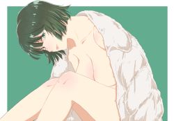 Rule 34 | 1girl, breasts, cleavage, collarbone, fubuki (one-punch man), green eyes, green hair, large breasts, one-punch man, short hair, sitting, thighs