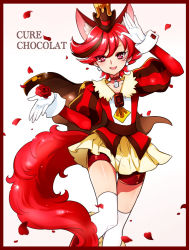 Rule 34 | 10s, 1girl, :d, animal ears, bike shorts, border, brown cape, brown hair, cape, character name, choker, cropped legs, cure chocolat, dog ears, dog tail, earrings, extra ears, flower, gloves, jewelry, juliet sleeves, kagami chihiro, kenjou akira, kirakira precure a la mode, long sleeves, looking at viewer, magical girl, multicolored hair, open mouth, petals, precure, puffy sleeves, red border, red eyes, red flower, red hair, red rose, red shorts, rose, short hair, shorts, shorts under skirt, simple background, skirt, smile, solo, standing, streaked hair, swept bangs, tail, thigh gap, thighhighs, two-tone hair, white background, white gloves, white thighhighs, yellow skirt