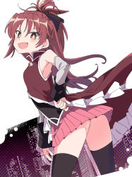 Rule 34 | 1girl, :d, black ribbon, black thighhighs, brown eyes, commentary, detached sleeves, fang, hair ribbon, ixy, long hair, looking at viewer, magical girl, mahou shoujo madoka magica, mahou shoujo madoka magica (anime), open mouth, pink skirt, ponytail, red hair, ribbon, sakura kyoko, simple background, skirt, smile, solo, standing, thighhighs, thighs, white background