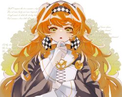 Rule 34 | 1girl, :o, checkered hairband, dress, english text, flower, gloves, green eyes, grey sleeves, hand on own chin, hand up, high collar, highres, long hair, looking at viewer, orange hair, poem, reverse:1999, solo, sonetto (reverse:1999), triangle mouth, two side up, upper body, white background, white dress, white gloves, yutsuki (gi5eg3)