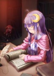 Rule 34 | 2girls, ahoge, bad id, bad pixiv id, bespectacled, blurry, book, closed eyes, crescent, crescent hair ornament, cup, depth of field, dress, female focus, glasses, hair ornament, hair ribbon, koakuma, mini person, minigirl, multiple girls, patchouli knowledge, puem, purple hair, quill, red hair, ribbon, sitting, sleeping, teacup, touhou