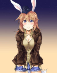 Rule 34 | 1girl, animal ears, bad id, bad pixiv id, breasts, charlotte e. yeager, cleavage, coat, cutoffs, denim, denim shorts, dress shirt, hands in pockets, kuronyan, long hair, looking at viewer, medium breasts, night, night sky, rabbit ears, rabbit girl, rabbit tail, shirt, short shorts, shorts, sky, smile, solo, standing, star (sky), starry sky, strike witches, tail, world witches series