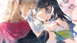 2girls absurdres azusawa_kohane black_choker black_hair blush brown_hair chinese_commentary choker commentary_request earrings eye_contact head_tilt highres jewelry jingzhaowhale lipgloss long_hair looking_at_another medium_hair multiple_girls nail_polish open_mouth orange_nails project_sekai red_nails red_shirt shiraishi_an shirt squatting twintails white_shirt yellow_eyes yuri