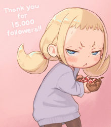Rule 34 | 1girl, :&lt;, blonde hair, blue eyes, bowl, child, food, fruit, kozato (yu kozato), leggings, long sleeves, looking at viewer, low twintails, original, oversized clothes, pink background, purple shirt, shirt, short twintails, simple background, solo, strawberry, sweat, thank you, twintails
