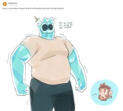 Rule 34 | 2boys, alternate skin color, arms at sides, bara, big belly, blue skin, cold, colored skin, constricted pupils, doug (monster prom), fat, fat man, highres, male focus, monster boy, monster prom, multiple boys, nifast (greentail), object through head, pectorals, scott howl, see-through, short shorts, shorts, slime boy, solo focus, standing, sword in head, tareme