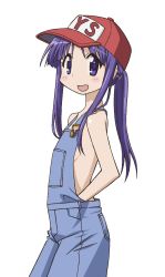 Rule 34 | 1girl, :d, flat chest, hat, highres, hinata yukari, long hair, looking at viewer, naked overalls, open mouth, overalls, purple eyes, purple hair, simple background, smile, solo, white background, yuyushiki