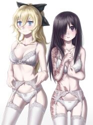 Rule 34 | 2girls, absurdres, adjusting clothes, bare arms, bare shoulders, black bow, black hair, blind, blonde hair, blue eyes, blush, bow, bow bra, bow panties, bra, breasts, burn scar, cleavage, closed mouth, collarbone, commentary, diu9you, english commentary, engrish commentary, furrowed brow, garter belt, garter straps, gluteal fold, hair between eyes, hair bow, hair over one eye, highres, ikezawa hanako, katawa shoujo, lace, lace bra, lace garter belt, lace legwear, lace panties, lace thighhighs, legs apart, lingerie, long hair, looking at viewer, medium breasts, multiple girls, navel, pale skin, panties, ponytail, purple eyes, satou lilly, scar, simple background, smile, split mouth, standing, teeth, thighhighs, underwear, underwear only, upper teeth only, wavy hair, white background, white bow, white bra, white panties, white thighhighs